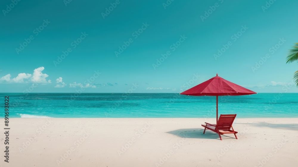 Serene beach scene with a single red umbrella and lounge chair under a clear blue sky overlooking a turquoise ocean, ideal for a tranquil getaway. Serene beach scene with a single red umbrella and lounge chair under a clear blue sky overlooking a turquoise ocean, ideal for a tranquil getaway.