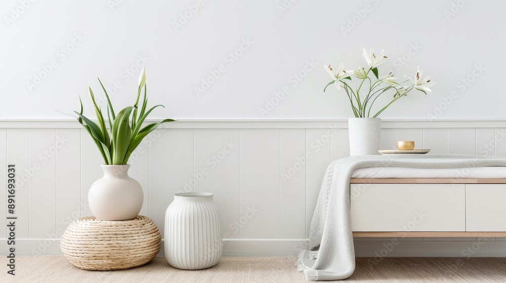 A white room with a white wall and a white dresser A white room with a white wall and a white dresser