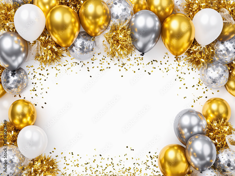 Gold and Silver Balloons with Confetti Border. Gold and Silver Balloons with Confetti Border.