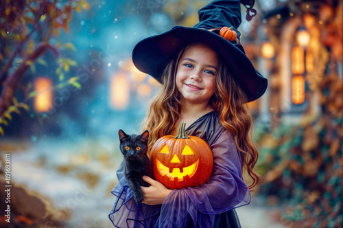 Halloween witch girl. Kid in party costume with black cat and jack lantern pumpkin. Magic child background. Trick or treat autumn fun. Girl with carnival witch hat, dark little kitten in night event photo