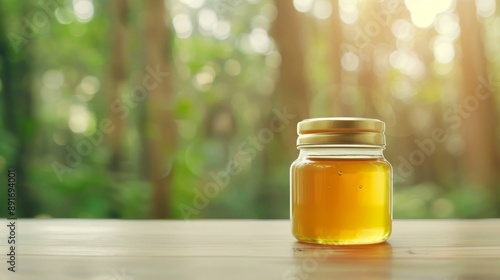 A jar of honey is sitting on a wooden table