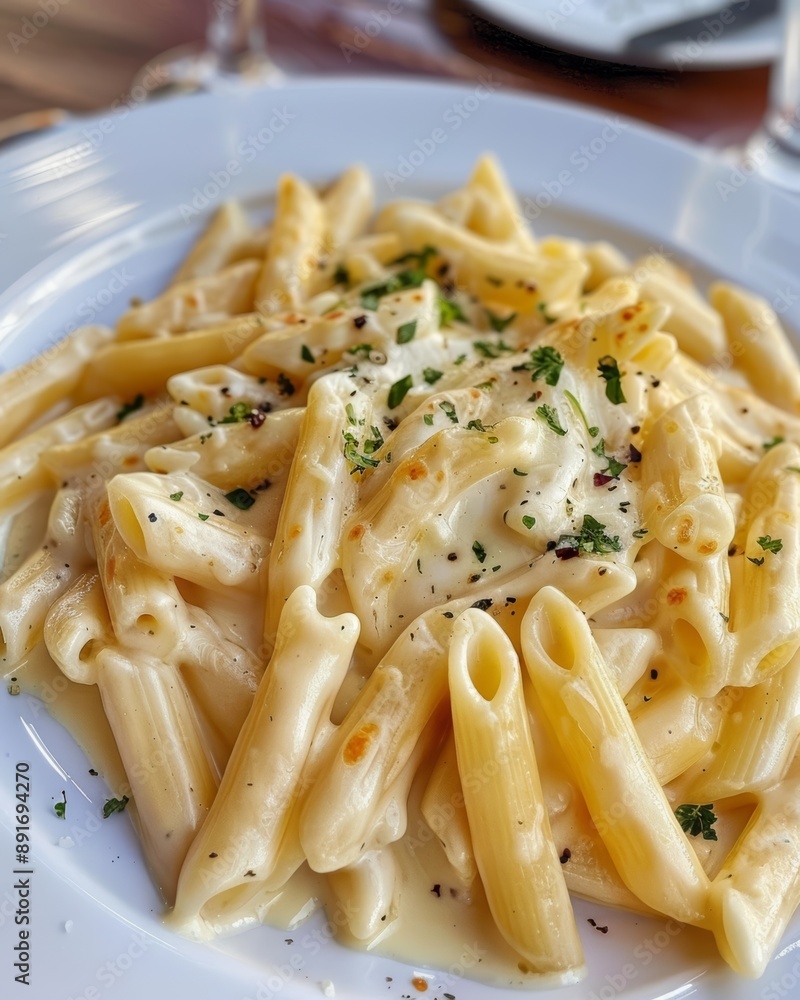 A plate of creamy, cheesy penne pasta garnished with herbs and black pepper, served in a white dish A plate of creamy, cheesy penne pasta garnished with herbs and black pepper, served in a white dish