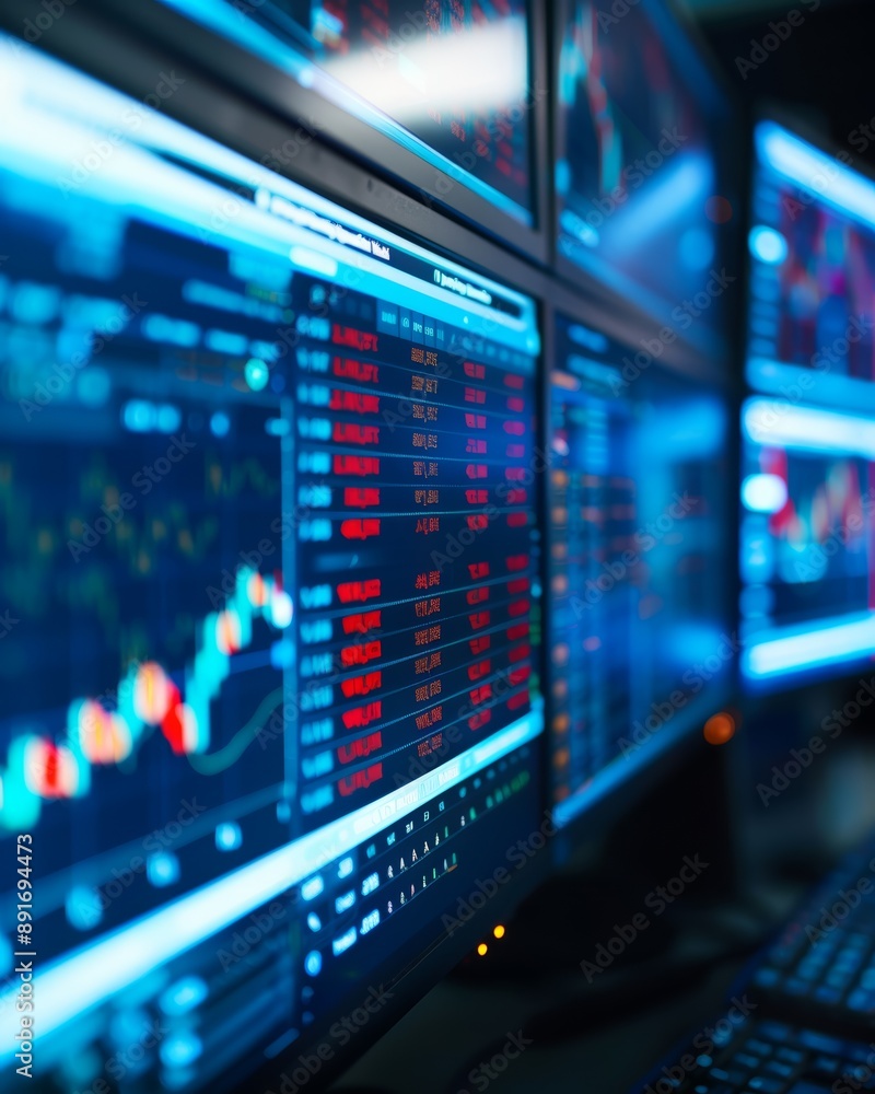 Multiple monitors display various financial charts and stock market data, reflecting real-time trading and investment activities in a financial environment Multiple monitors display various financial charts and stock market data, reflecting real-time trading and investment activities in a financial environment