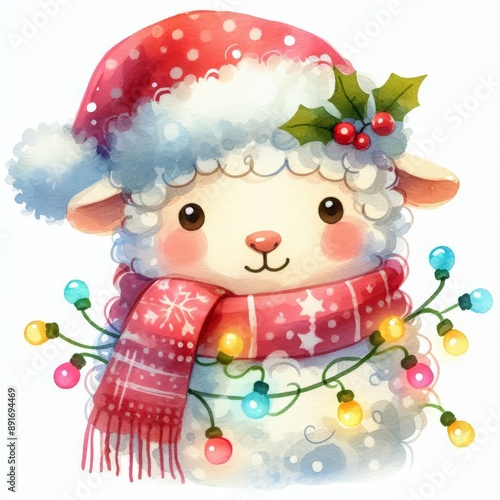 A cute cartoon sheep wearing a Santa hat, scarf and Christmas lights.