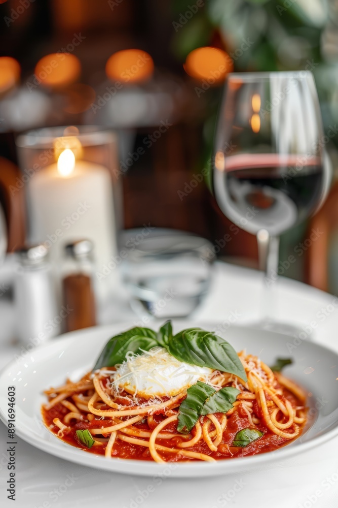 A plate of spaghetti with tomato sauce, basil, and cheese, paired with a glass of red wine, set on a white tablecloth A plate of spaghetti with tomato sauce, basil, and cheese, paired with a glass of red wine, set on a white tablecloth