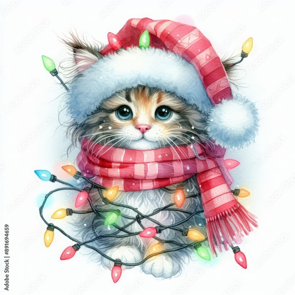 A cute cat wearing a Santa hat and scarf tangled in Christmas lights. A cute cat wearing a Santa hat and scarf tangled in Christmas lights.