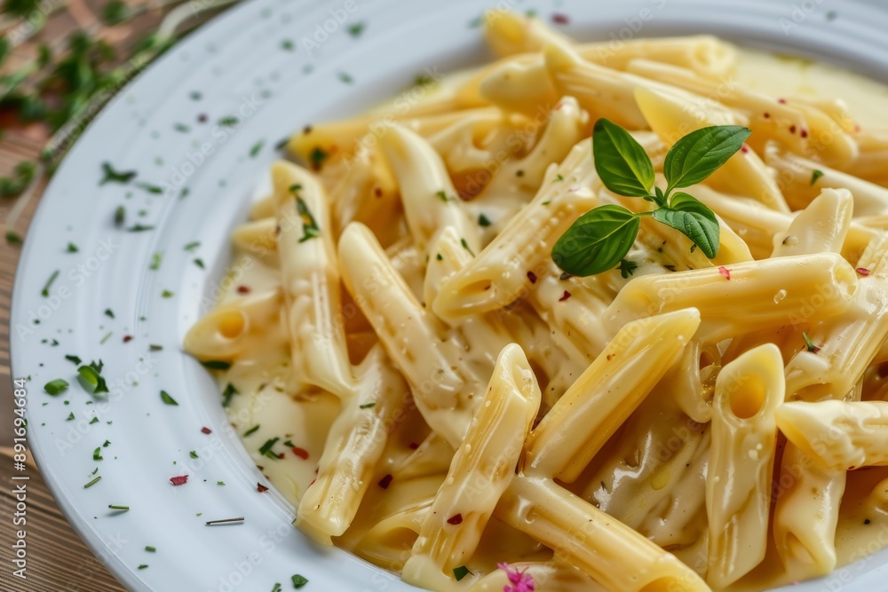 A close-up of a delicious creamy penne pasta dish garnished with fresh basil leaves and sprinkled with herbs on a white plate