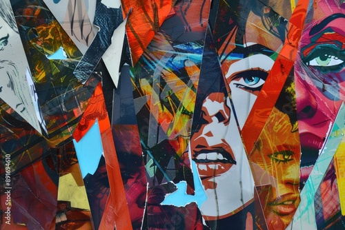 abstract collage with comic book elements, vibrant colors, fragmented faces
