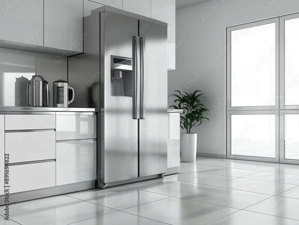 Stainless steel refrigerator in a modern kitchen with white cabinets. Stainless steel refrigerator in a modern kitchen with white cabinets.