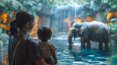 A mother holding her child is observing an elephant in a lush, indoor wildlife exhibit, with a waterfall in the background. Suitable for family outings, wildlife conservation, or educational themes.