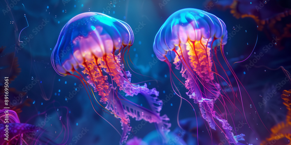 Naklejka premium Two bioluminescent jellyfish swimming in deep ocean water, with glowing tentacles