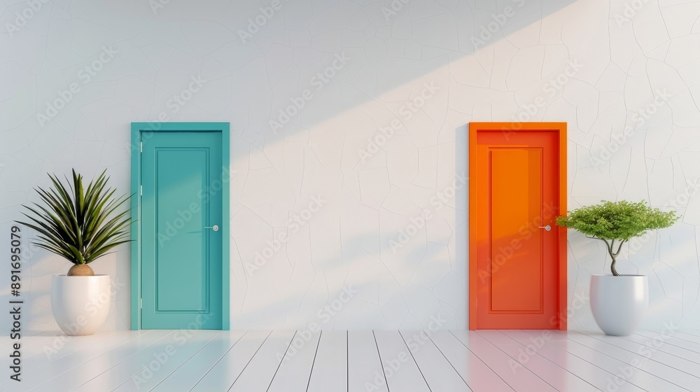 Two doors with one blue and one orange Two doors with one blue and one orange