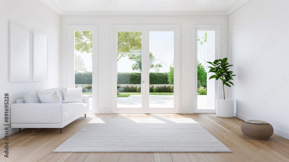 A white room with a couch and a potted plant A white room with a couch and a potted plant