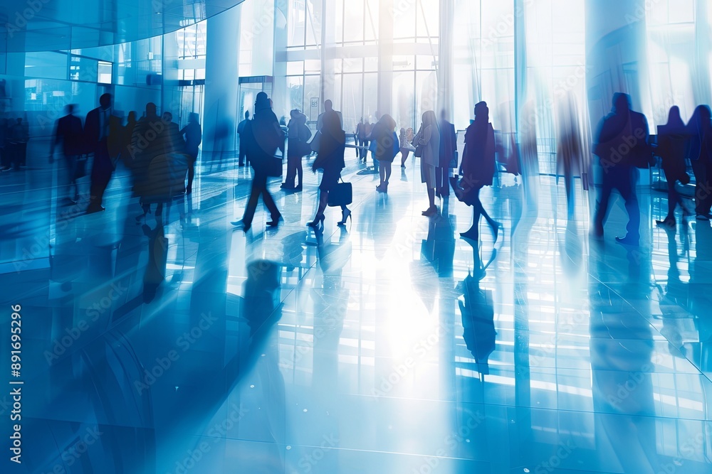 Group of individuals in a business center lobby, depicted in an abstract image with a blurred background and blue tones Group of individuals in a business center lobby, depicted in an abstract image with a blurred background and blue tones
