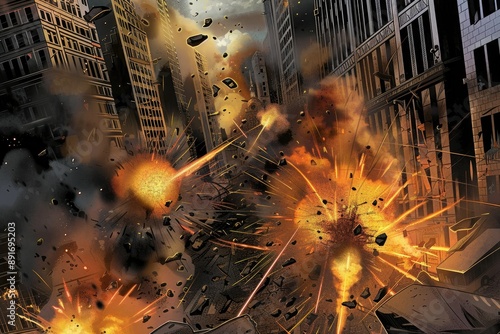 explosion in city, dramatic action, comic book style