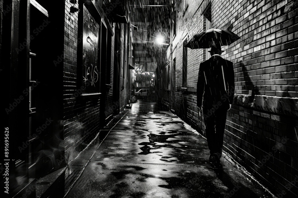 Fototapeta premium noir detective in rainy alley, black and white, mysterious atmosphere