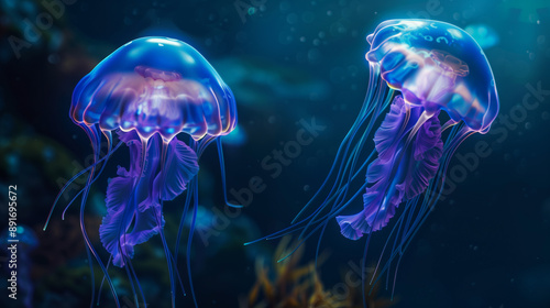 Two bioluminescent jellyfish swimming in deep ocean water, with glowing tentacles © Frank Gärtner