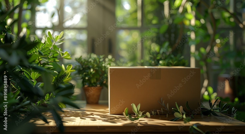 brown cardboard box with plants on it, placed in front of green leaves and soft lighting, with a clean background brown cardboard box with plants on it, placed in front of green leaves and soft lighting, with a clean background