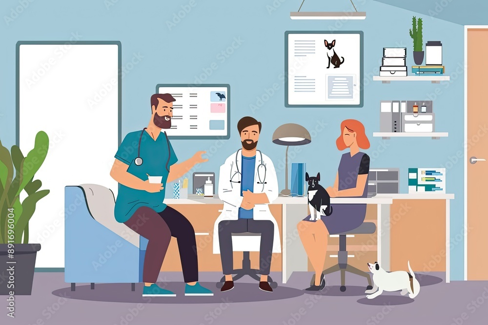 vet discussing with pet owner, modern clinic, friendly consultation vet discussing with pet owner, modern clinic, friendly consultation