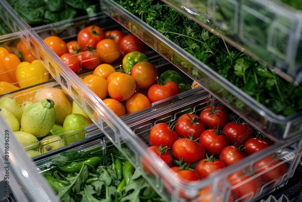 A close-up of a refrigerator vegetable drawer with fresh produce. A close-up of a refrigerator vegetable drawer with fresh produce.