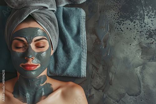 woman with facial mask, serene expression, spa treatment photo