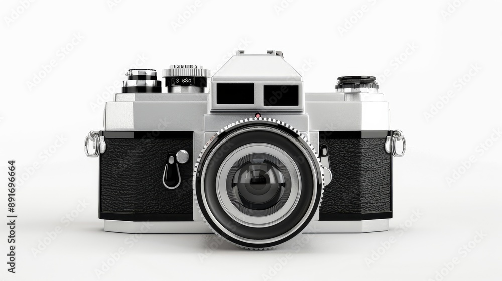 A classic film camera with a black and silver body, centered on an isolated white background. Movies isolated on white. Photo realistic photo. A classic film camera with a black and silver body, centered on an isolated white background. Movies isolated on white. Photo realistic photo.