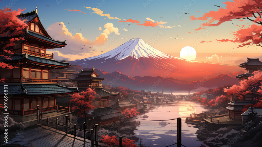 Obraz premium generated illustration of anime comic artstyle of japanese village city town with mt fuji as background in the morning