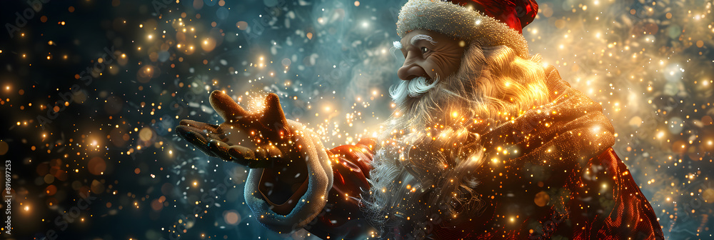 A man dressed as Santa Claus is surrounded by a flurry of glitter A man dressed as Santa Claus is surrounded by a flurry of glitter