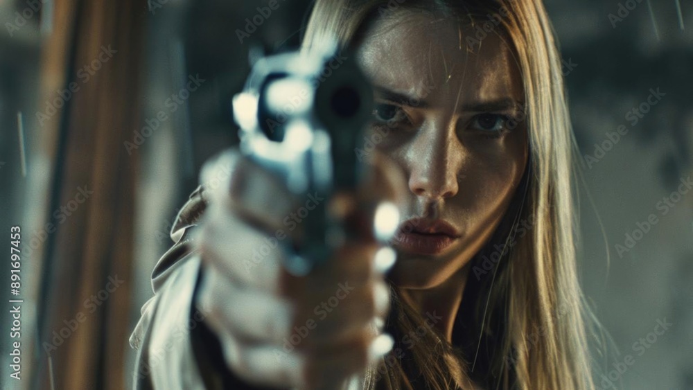 Woman aiming a pistol in a cinematic scene, showcasing a dramatic and powerful atmosphere. Woman aiming a pistol in a cinematic scene, showcasing a dramatic and powerful atmosphere.