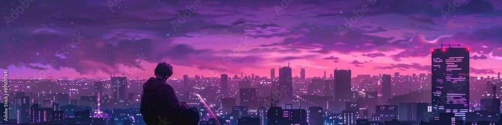 custom made wallpaper toronto digitalAbstract Nighttime Skyline with Cool Purple Tones: Lo-Fi Ambiance Inspired by Comics and Anime. Futuristic Urban Landscape Depicting Prosperity and City Nightlife. Aerial View of Thriving Metropolis. 