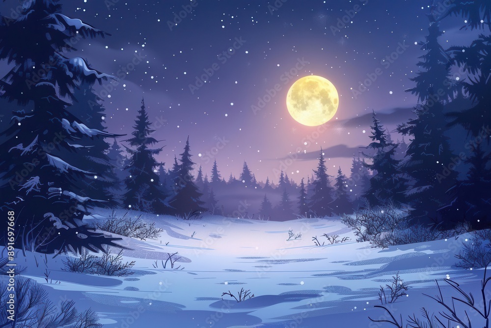 Naklejka premium winter night landscape snowy forest and fir branches