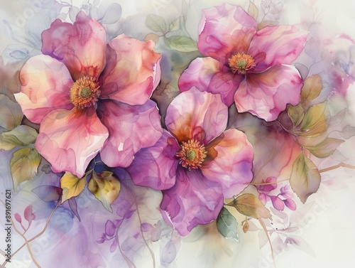 Watercolor painting of delicate flowers, pastel colors, intricate details, soft brushstrokes, artistic and serene, elegant and detailed