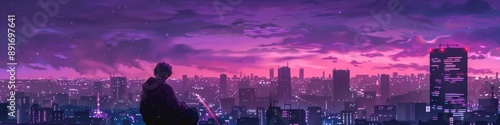 Wallpaper Mural Abstract Nighttime Skyline with Cool Purple Tones: Lo-Fi Ambiance Inspired by Comics and Anime. Futuristic Urban Landscape Depicting Prosperity and City Nightlife. Aerial View of Thriving Metropolis.  Torontodigital.ca