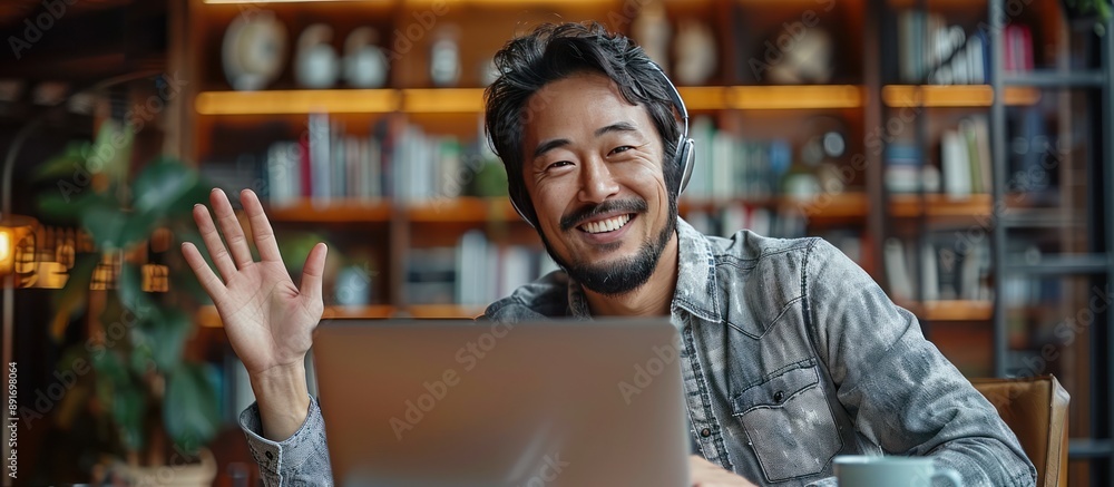 Smiling Man in Headphones Makes a Video Call Smiling Man in Headphones Makes a Video Call