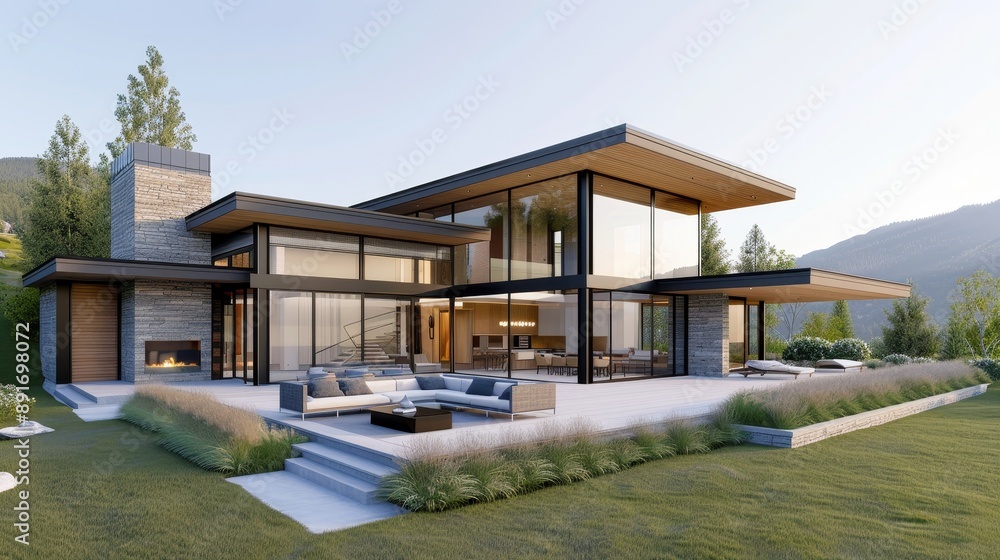 A large house with a fireplace and a pool A large house with a fireplace and a pool
