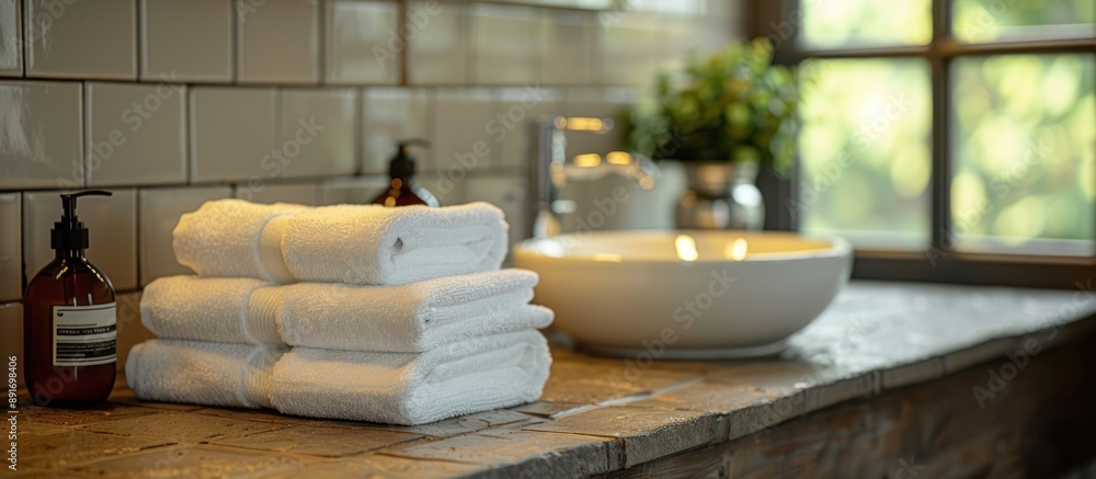Stack of Towels on Bathroom Countertop Stack of Towels on Bathroom Countertop