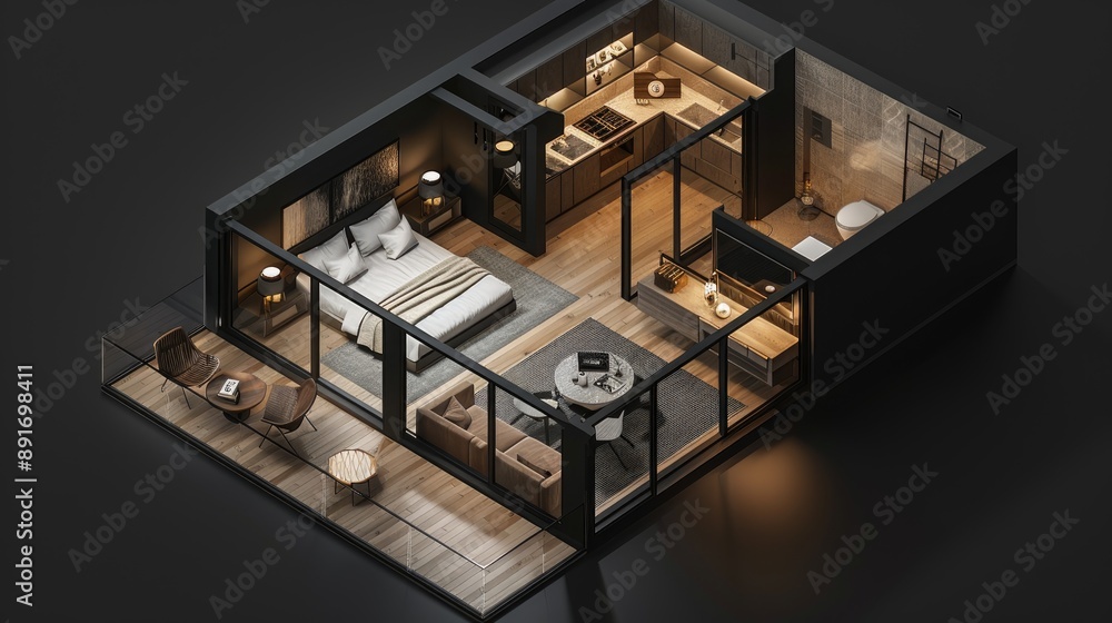 3D blueprint of a house or apartment with modern interior design. 3D blueprint of a house or apartment with modern interior design.