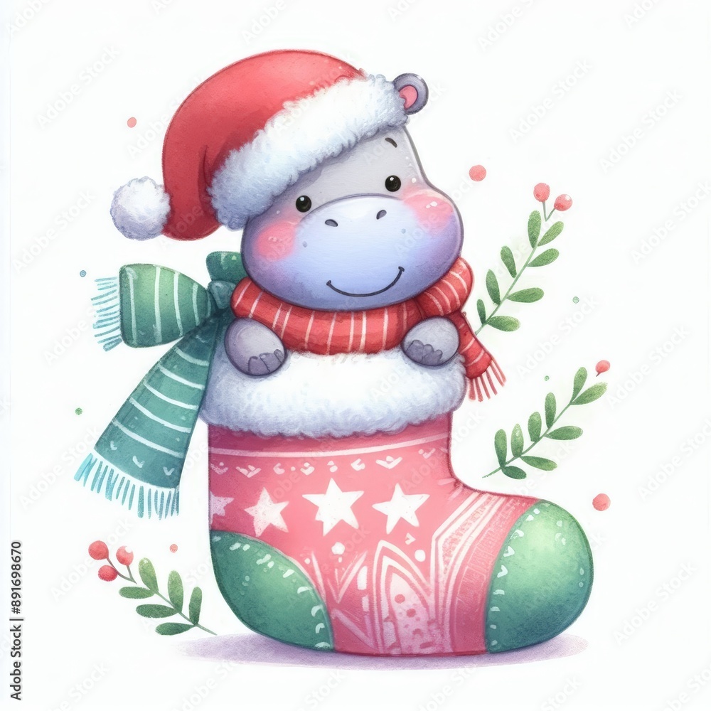 A cute hippopotamus wearing a Santa hat and scarf sits inside a Christmas stocking, surrounded by holly. A cute hippopotamus wearing a Santa hat and scarf sits inside a Christmas stocking, surrounded by holly.