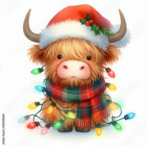 A cute Highland cow wearing a Santa hat and scarf, tangled in colorful Christmas lights.