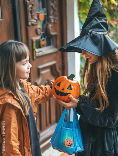 a mother with her daughter on halloween dressed like a witch photo