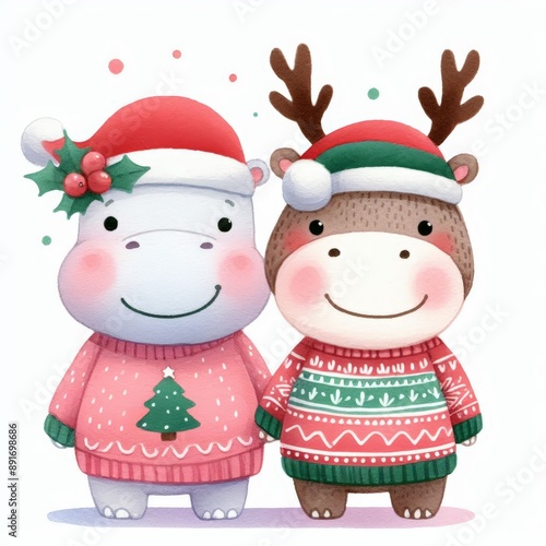 A cute hippo and reindeer wearing Santa hats and Christmas sweaters. They are holding hands and smiling.