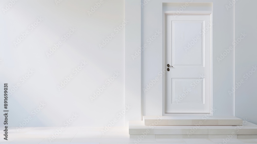 A white door with a black handle sits in front of a white wall A white door with a black handle sits in front of a white wall