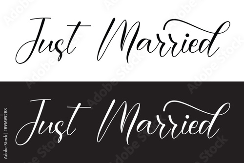 Just married text isolated on white background for wedding. Handwritten lettering composition. Vector just married hand lettering in eps 10.