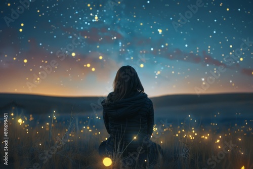 A person gazes at a starry sky, surrounded by glowing fireflies in a field at dusk. Magical and serene.