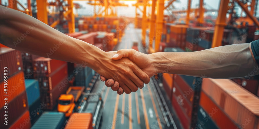Close-up of two people shaking hands in front of shipping containers and cranes at a bustling port. Close-up of two people shaking hands in front of shipping containers and cranes at a bustling port.