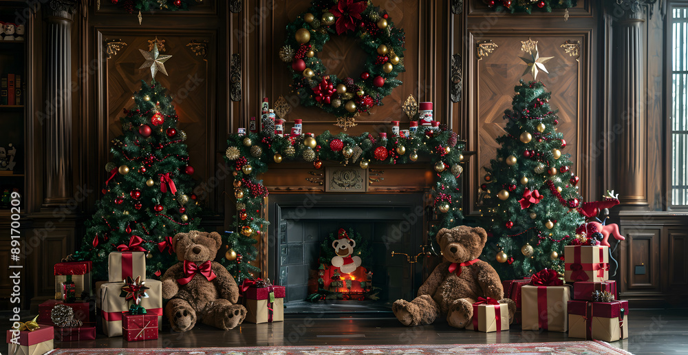 Fototapeta premium A room with a fireplace and two teddy bears, one of which is wearing a Santa hat