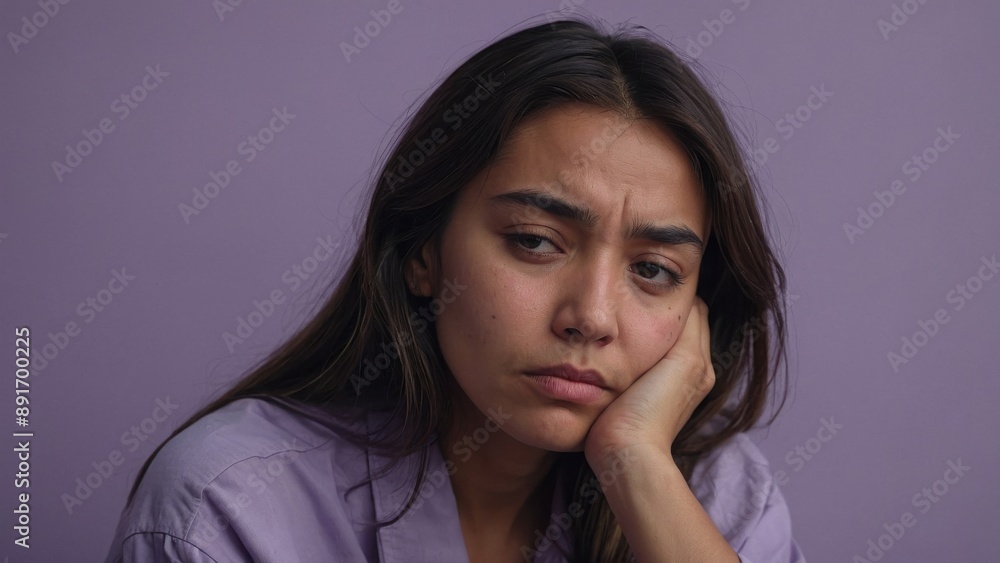 Young Woman With Sad Expression Resting Chin On Hand Against Purple Background Young Woman With Sad Expression Resting Chin On Hand Against Purple Background