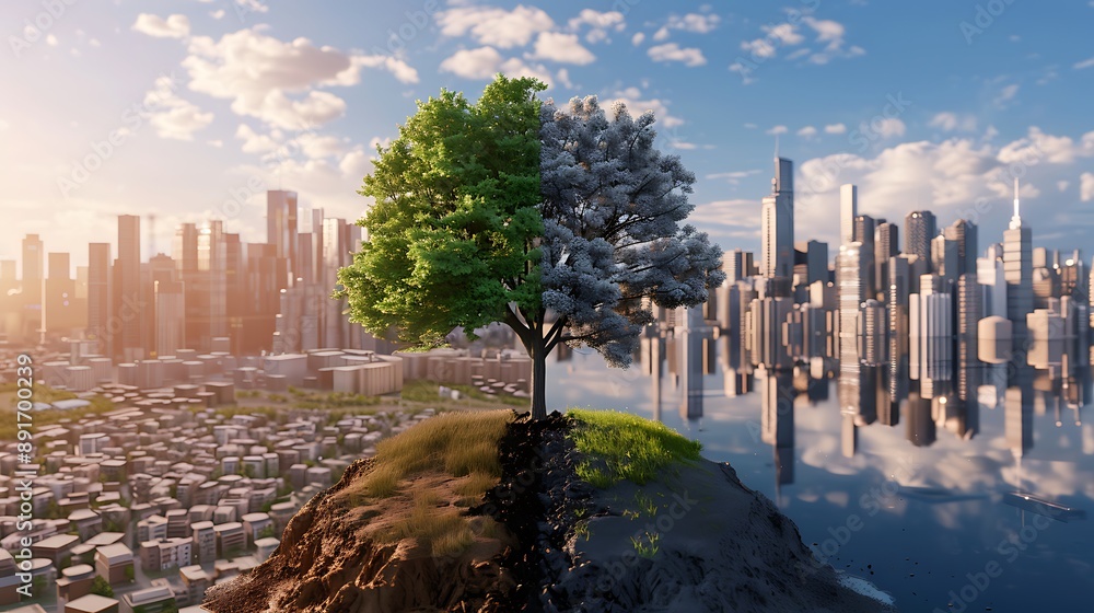 Fototapeta premium Split-Screen Image Showing a Polluted and Clean Cityscape