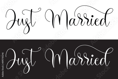 Just married slogan. Elegance vintage lettering illustration. Design for wedding sign, invitation, sticker, square poster, graphic tee print, card in eps 10.