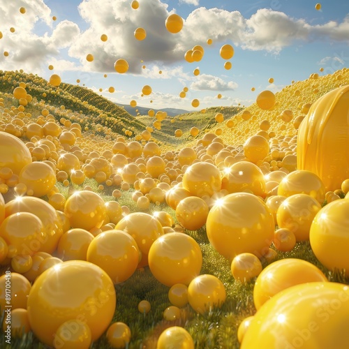 a field of yellow balloons floating in the air photo